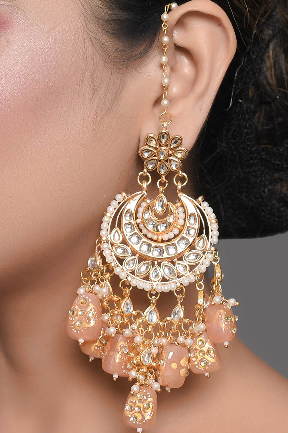 Peach Gold Tone Kundan Inspired Chandbali Earrings