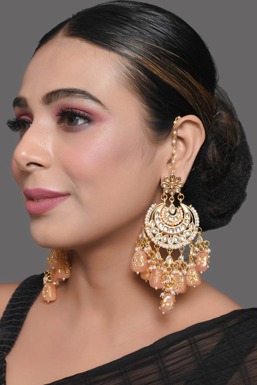 Peach Gold Tone Kundan Inspired Chandbali Earrings