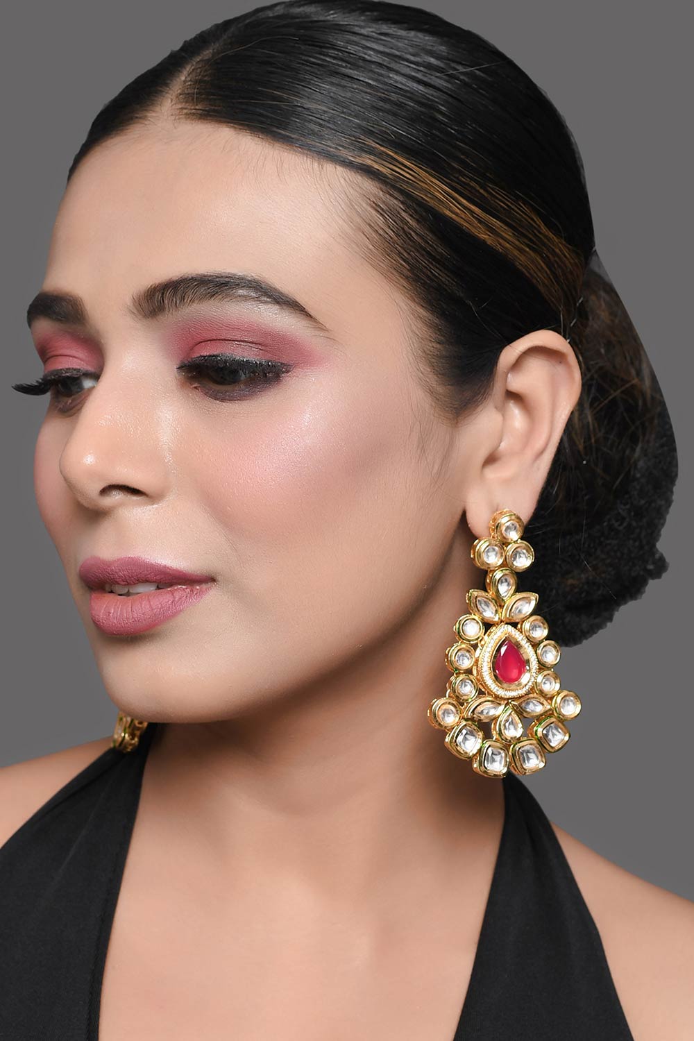 Red Gold Toned Kundan Inspired Earrings