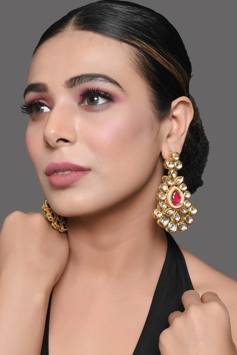 Red Gold Toned Kundan Inspired Earrings