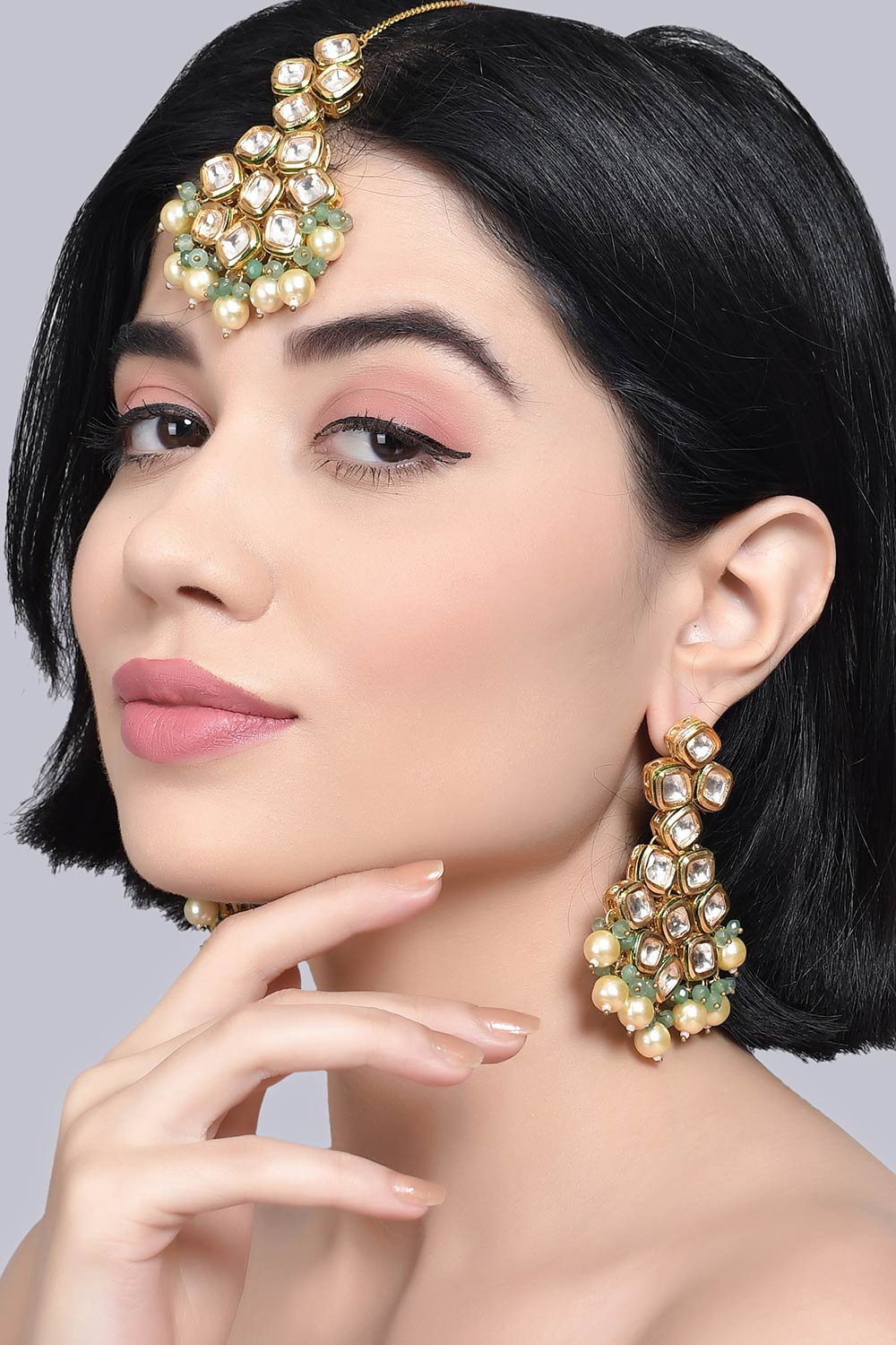 Jade Gold Tone Kundan Earrings And Maang Tikka With Pearls