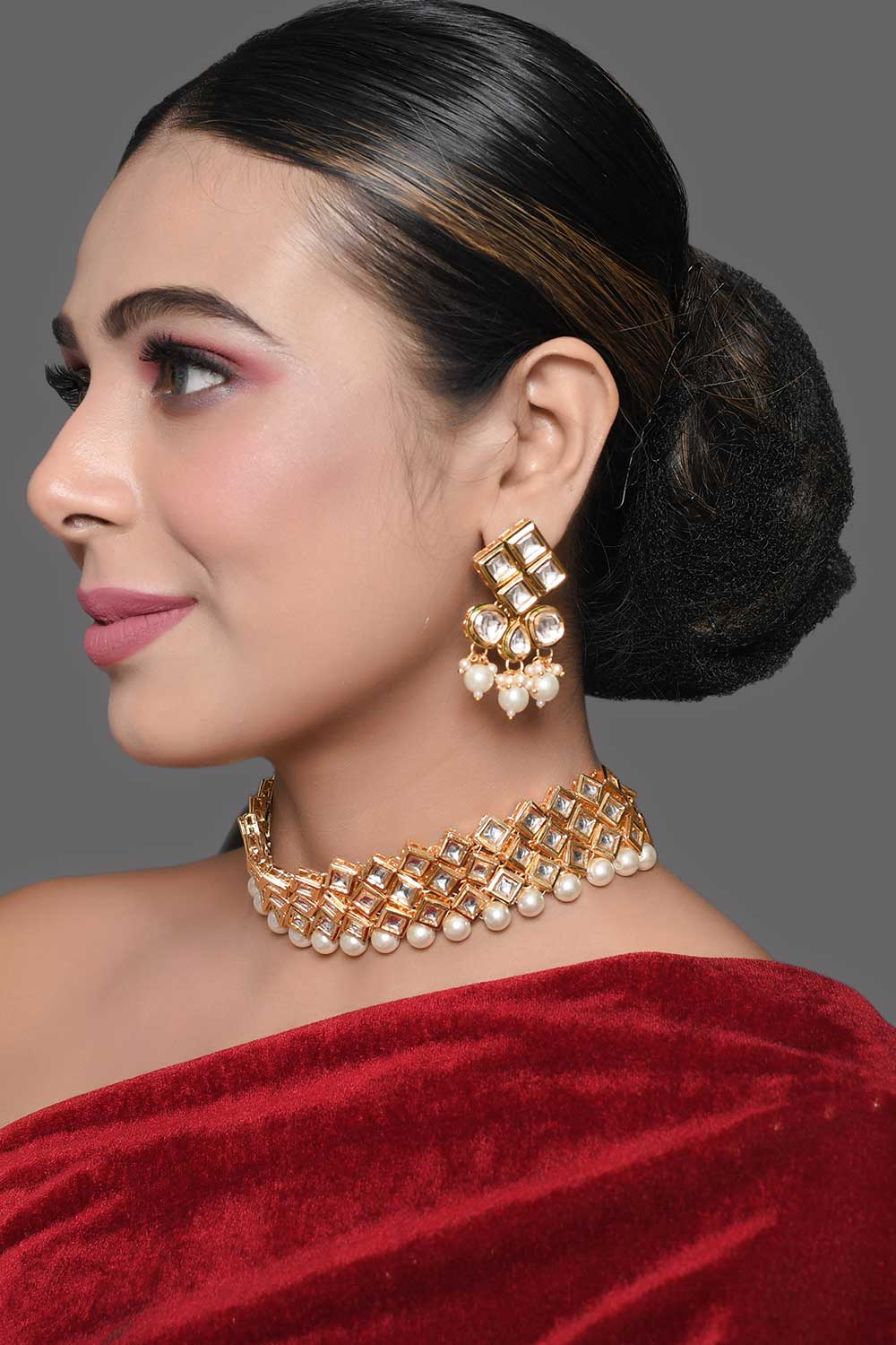 Pearl Beaded Kundan Choker With Earrings