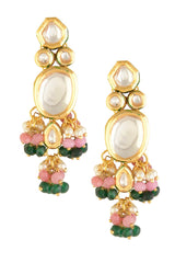 Pink Green Gold Tone Kundan Earrings