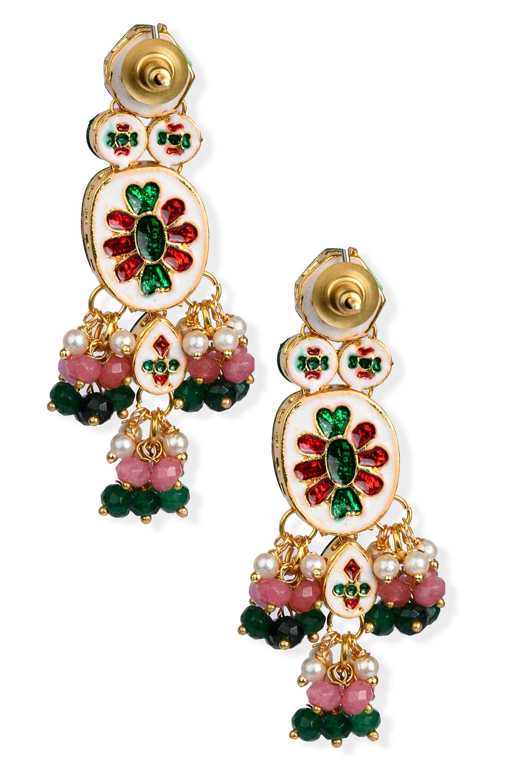 Pink Green Gold Tone Kundan Earrings