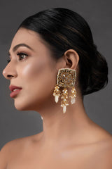 Cream Gold Toned  Kundan Earrings