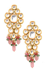 Handcrafted Pink Green Gold Tone Kundan Earrings