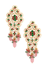 Handcrafted Pink Green Gold Tone Kundan Earrings