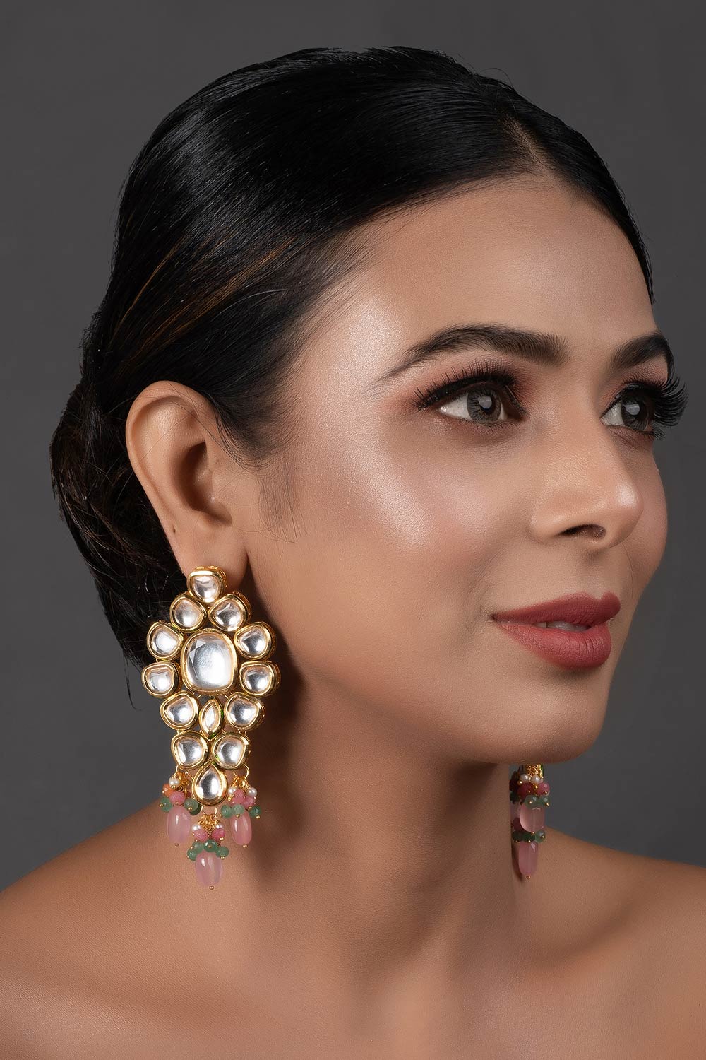 Handcrafted Pink Green Gold Tone Kundan Earrings