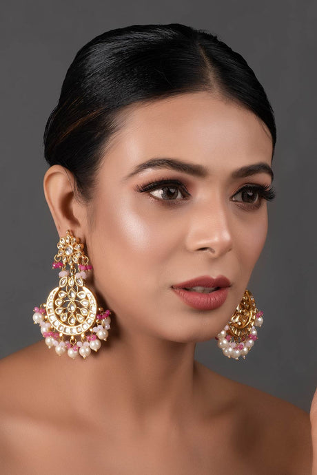 Pearl & Pink Beaded Gold Toned Kundan Earrings