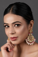 Pearl & Pink Beaded Gold Toned Kundan Earrings