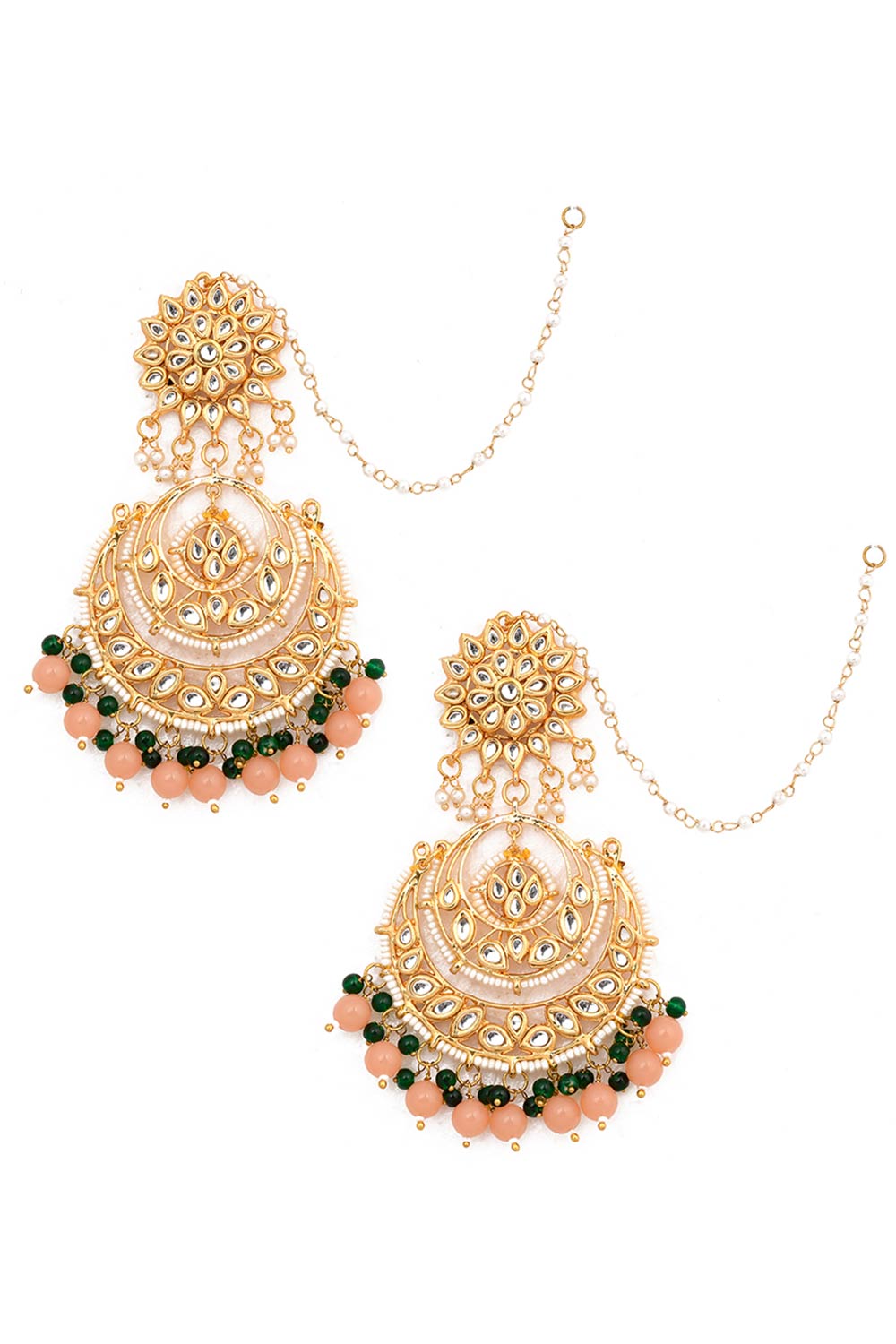 Peach Beaded Kundan Chandbali