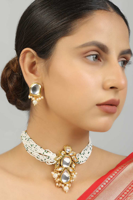 Pearl Beaded Kundan Choker Necklace With Earrings