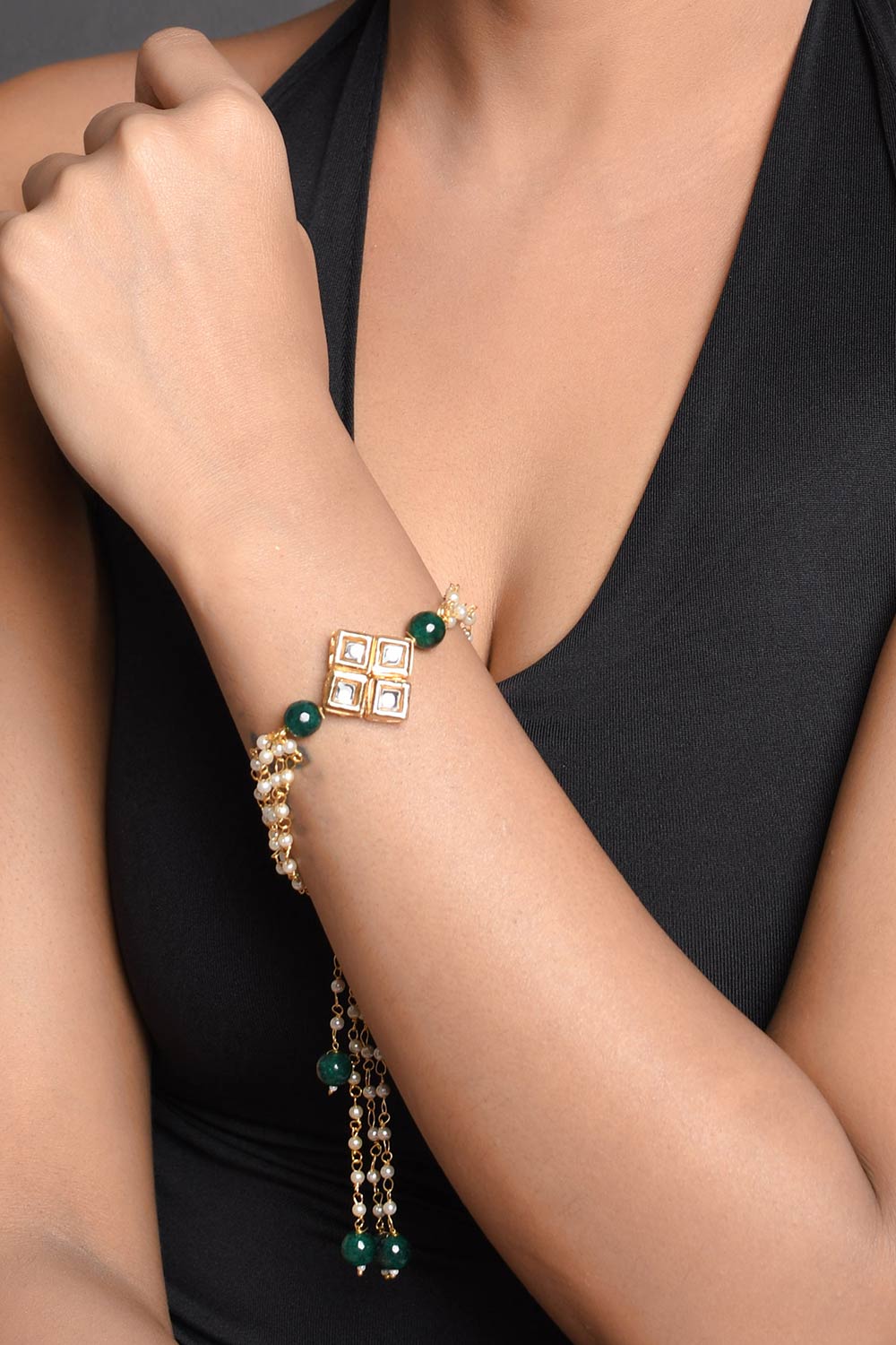 Green White Gold Tone Kundan Bracelet