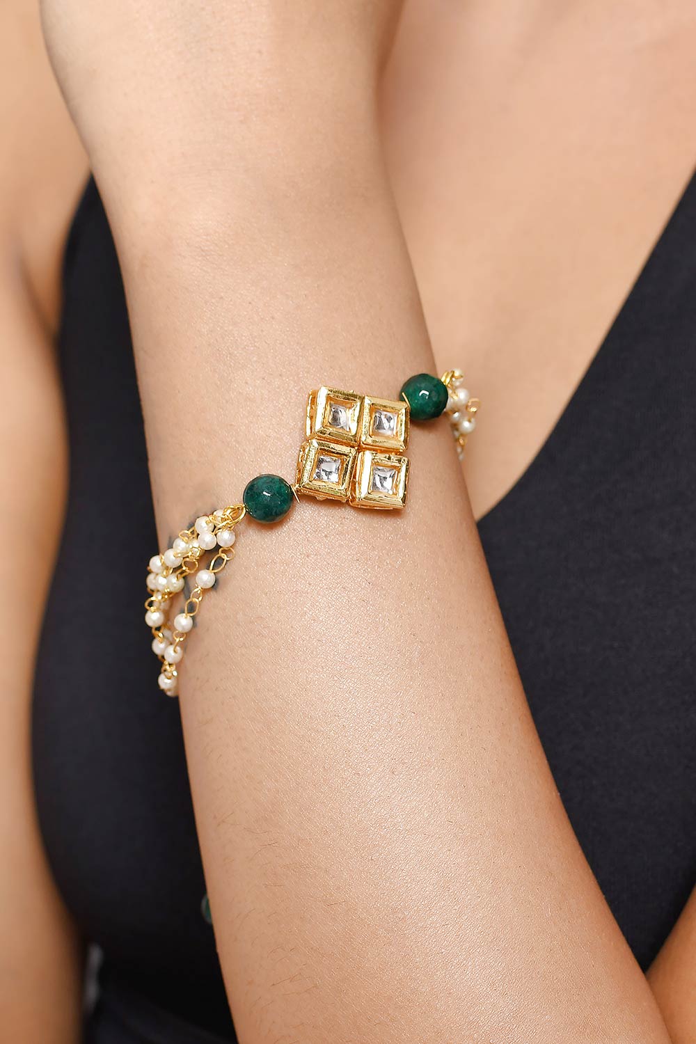 Green White Gold Tone Kundan Bracelet