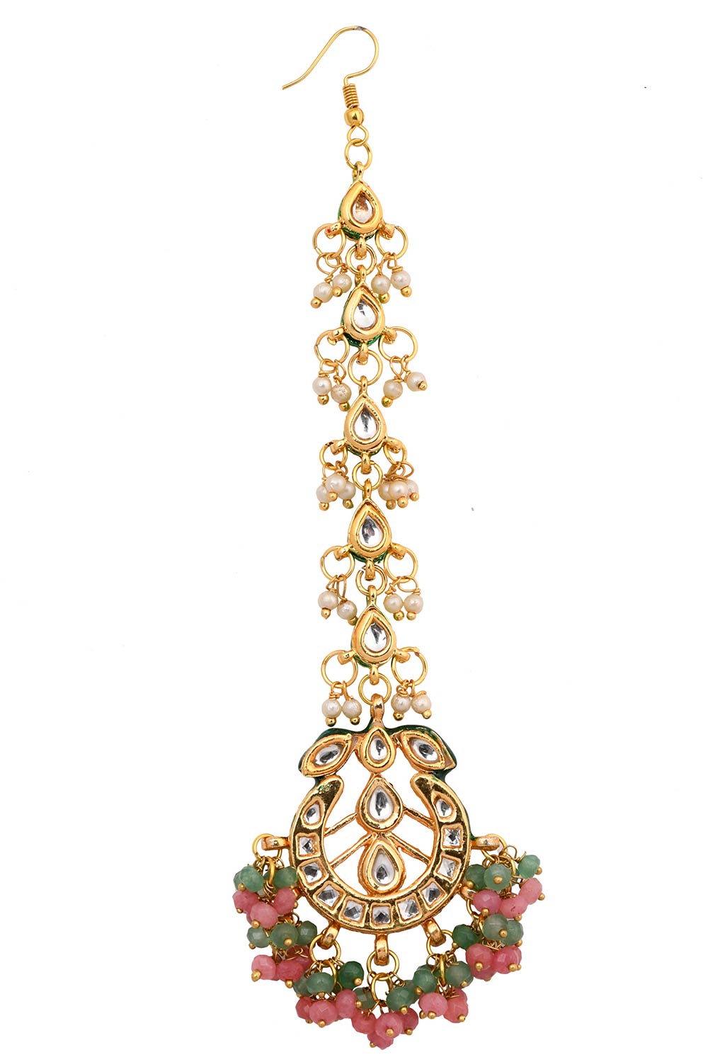 Pink Green Gold Toned Kundan Mang Tikka