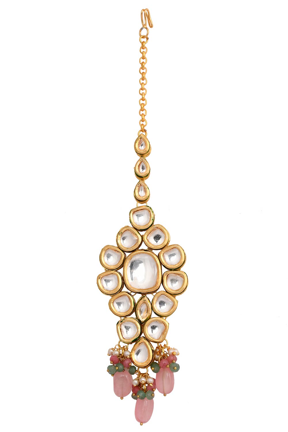 Pink Beaded Gold Tone Kundan Handcrafted Mang Tikka