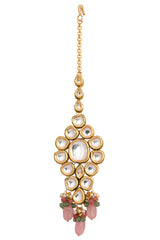 Pink Beaded Gold Tone Kundan Handcrafted Mang Tikka