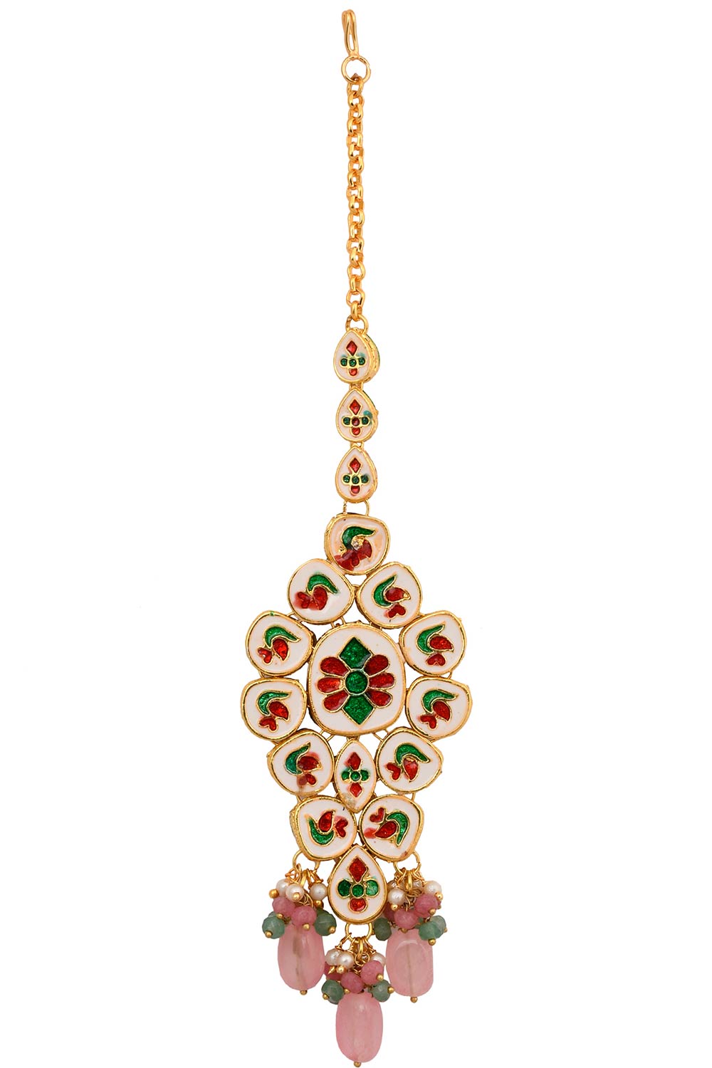 Pink Beaded Gold Tone Kundan Handcrafted Mang Tikka