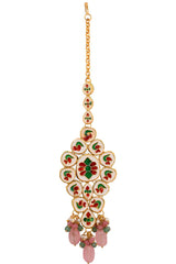 Pink Beaded Gold Tone Kundan Handcrafted Mang Tikka