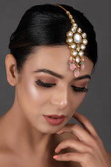 Pink Beaded Gold Tone Kundan Handcrafted Mang Tikka