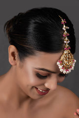 Pearl & Pink Beaded Gold Tone  Kundan Handcrafted Mang Tikka