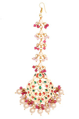 Pearl & Pink Beaded Gold Tone  Kundan Handcrafted Mang Tikka