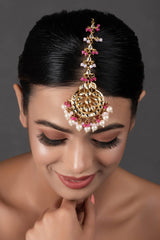 Pearl & Pink Beaded Gold Tone  Kundan Handcrafted Mang Tikka