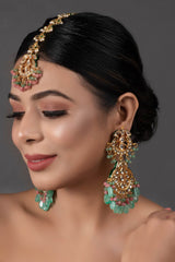 Pink Green Gold Tone Kundan Inspired Maang Tikka With Earrings