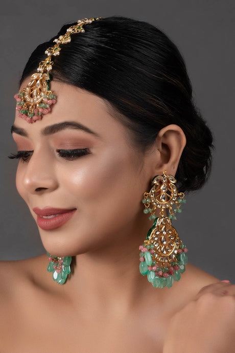 Pink Green Gold Tone Kundan Inspired Maang Tikka with Earrings