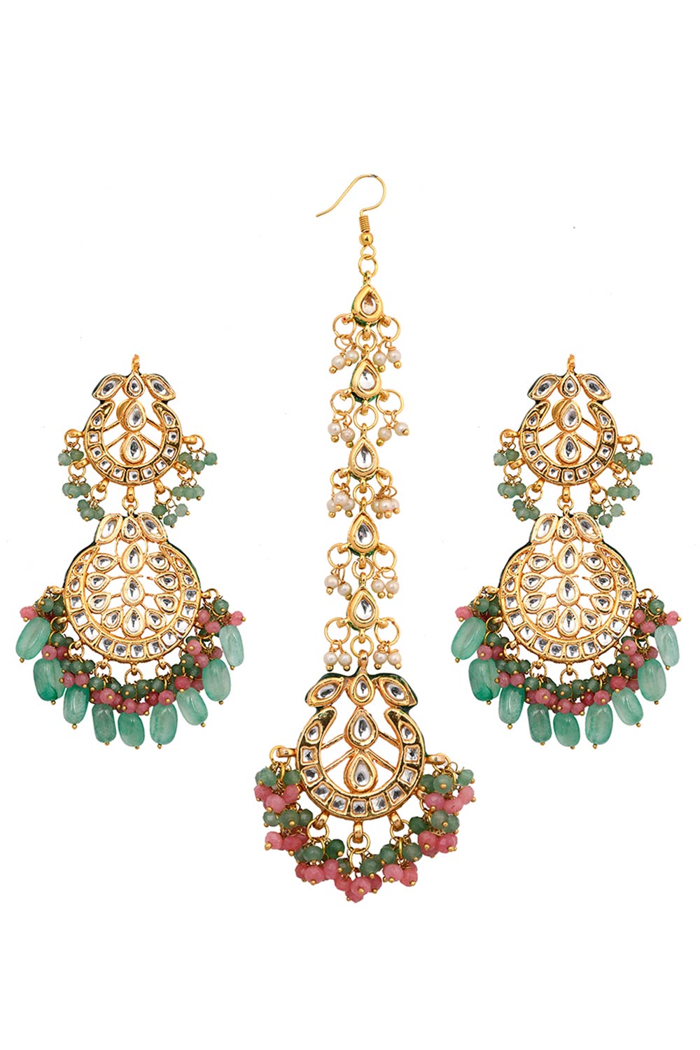 Pink Green Gold Tone Kundan Inspired Maang Tikka With Earrings