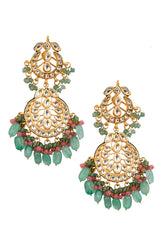 Pink Green Gold Tone Kundan Inspired Maang Tikka With Earrings