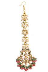 Pink Green Gold Tone Kundan Inspired Maang Tikka With Earrings