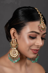 Pink Green Gold Tone Kundan Inspired Maang Tikka With Earrings