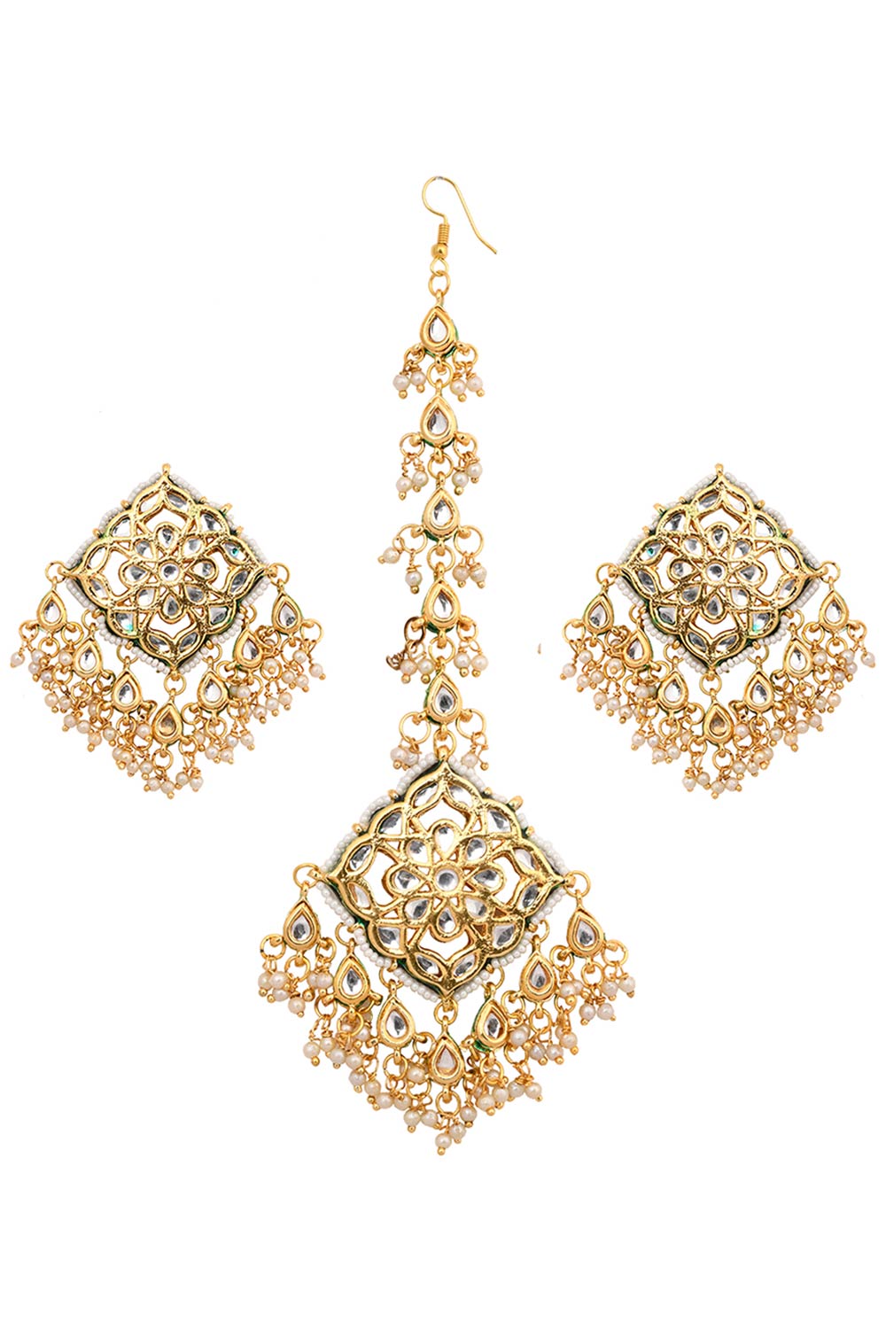 Gold tone Kundan inspired Mang tikka with earrings