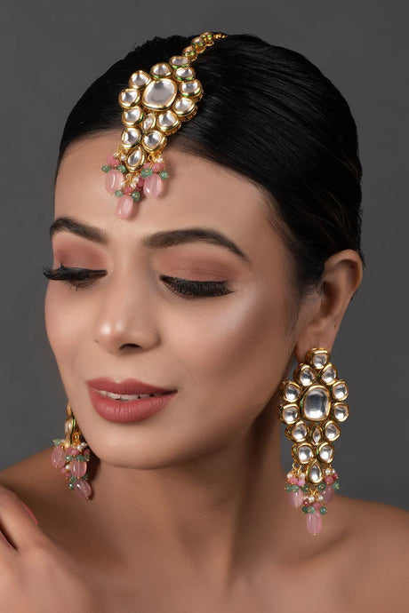 Pink beaded Gold Tone Kundan Maang Tikka with Earrings