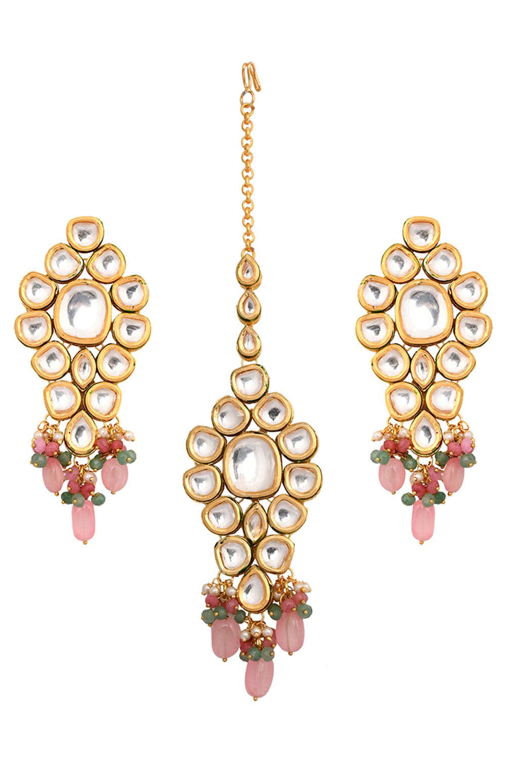 Pink Beaded Gold Tone Kundan Maang Tikka With Earrings