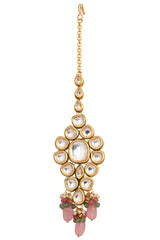 Pink Beaded Gold Tone Kundan Maang Tikka With Earrings