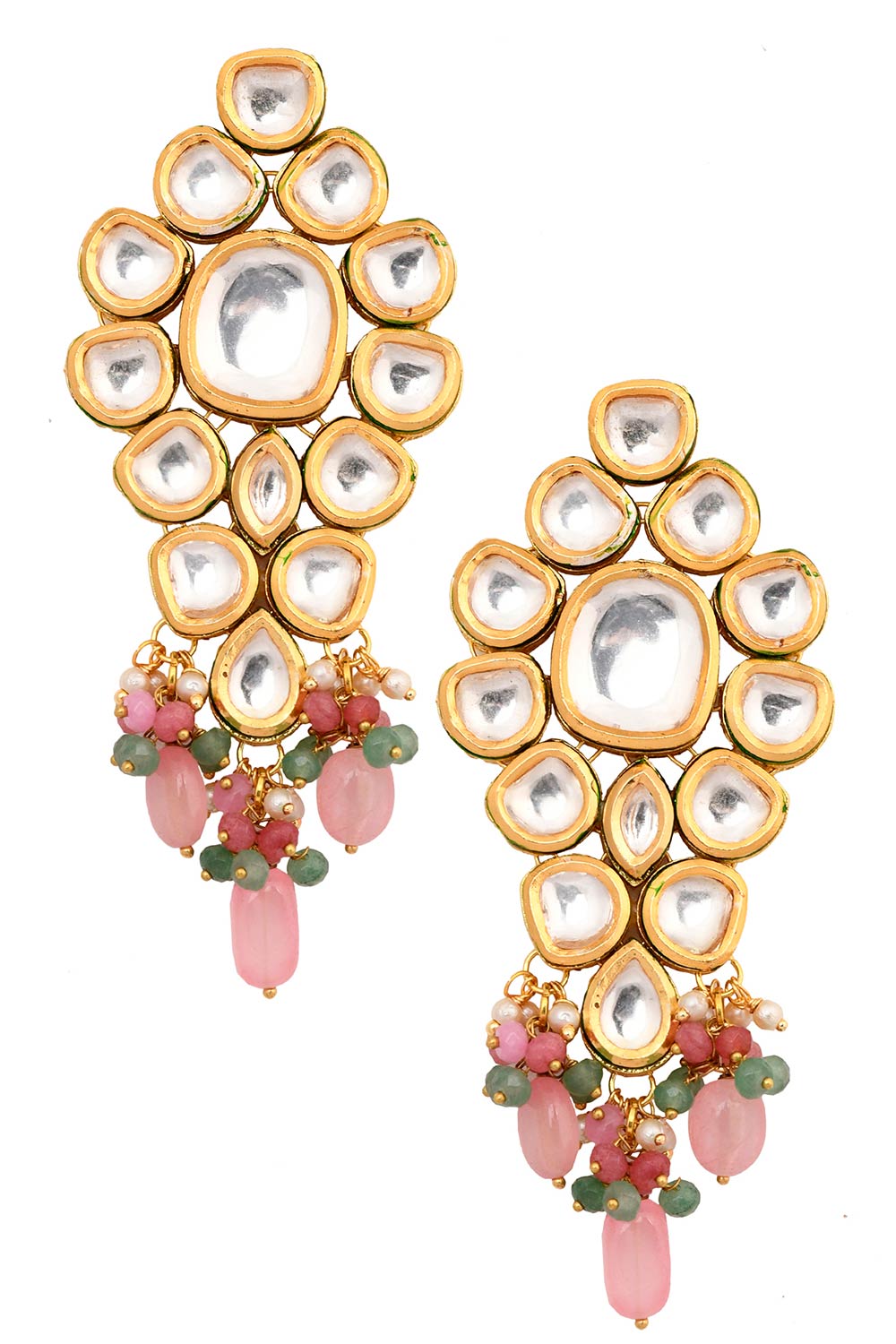 Pink Beaded Gold Tone Kundan Maang Tikka With Earrings