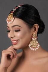 Pearl & Pink Beaded Kundan Handcrafted Mang Tikka With Earrings