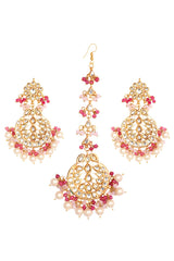 Pearl & Pink Beaded Kundan Handcrafted Mang Tikka With Earrings