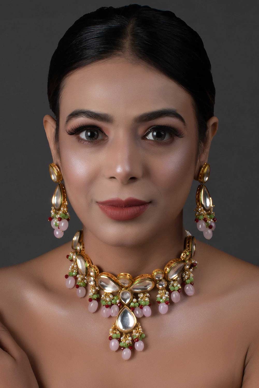 Handcrafted Kundan Pastel Beaded Necklace With Earrings