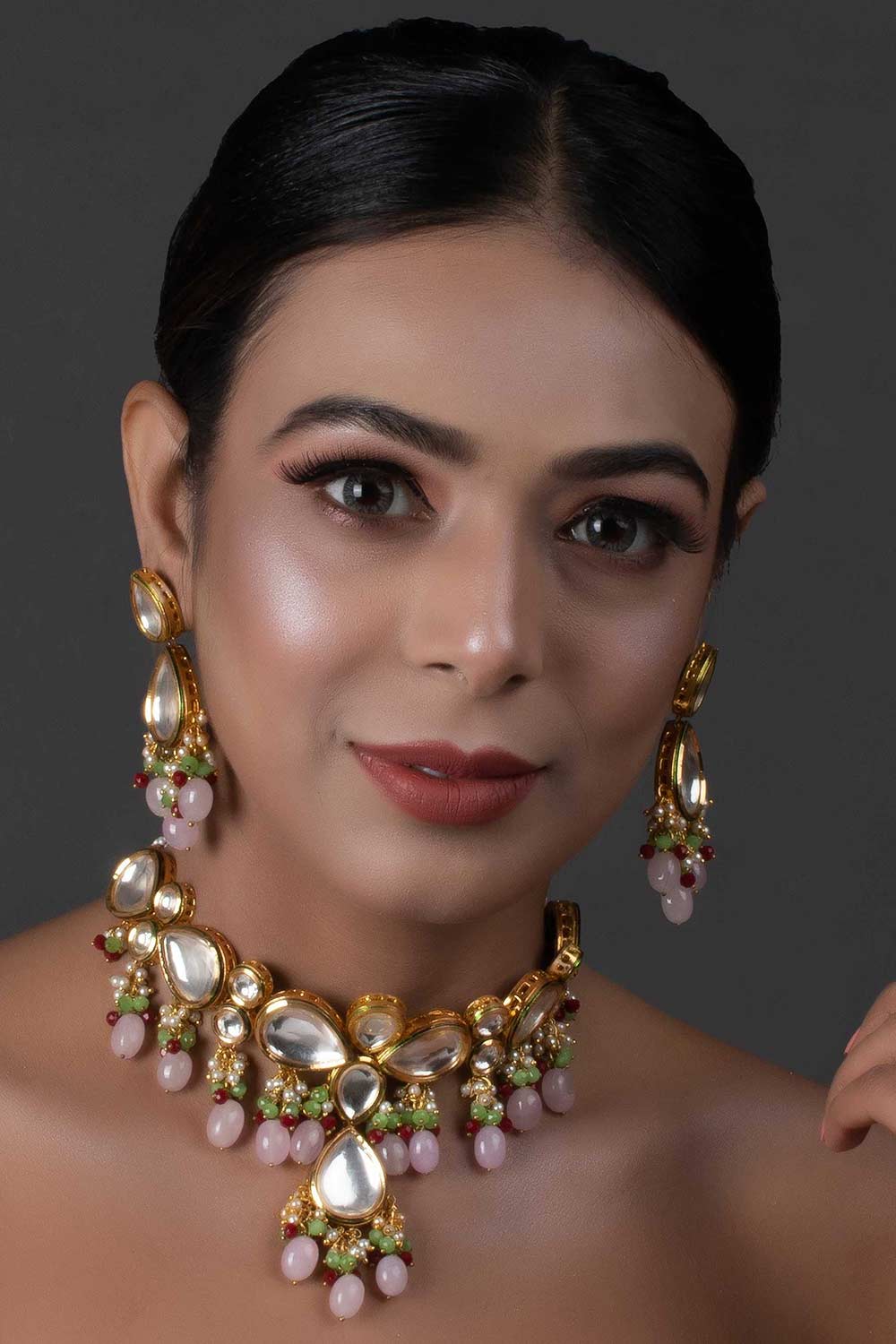 Handcrafted Kundan Pastel Beaded Necklace With Earrings