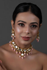 Pearl & Pink Beaded  Gold Tone Kundan Inspired Necklace With Earrings