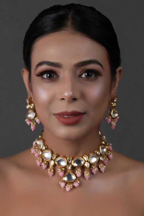Pearl & Pink Beaded  Gold Tone Kundan Inspired Necklace With Earrings