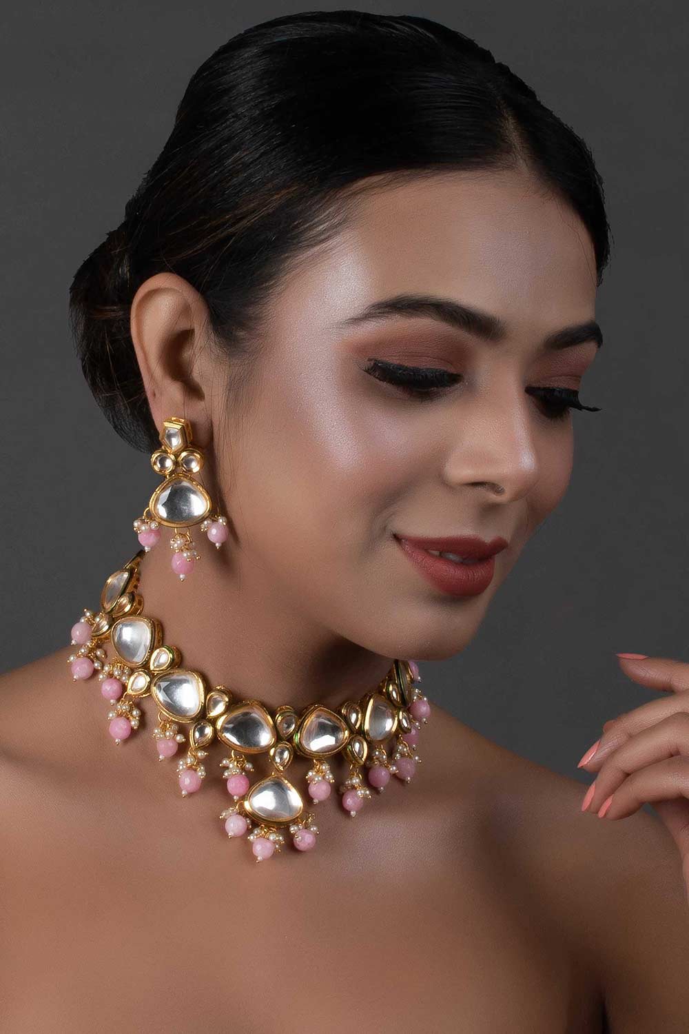 Pearl & Pink Beaded  Gold Tone Kundan Inspired Necklace With Earrings