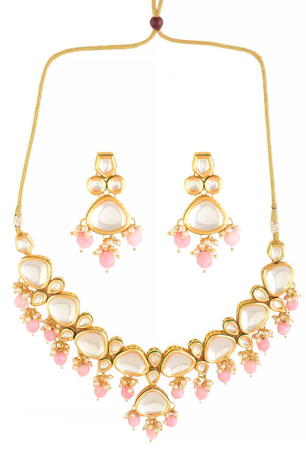 Pearl & Pink Beaded  Gold Tone Kundan Inspired Necklace With Earrings