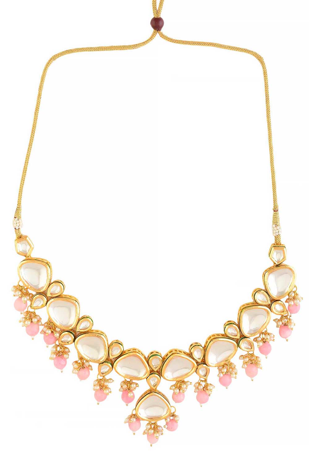 Pearl & Pink Beaded  Gold Tone Kundan Inspired Necklace With Earrings