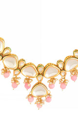 Pearl & Pink Beaded  Gold Tone Kundan Inspired Necklace With Earrings