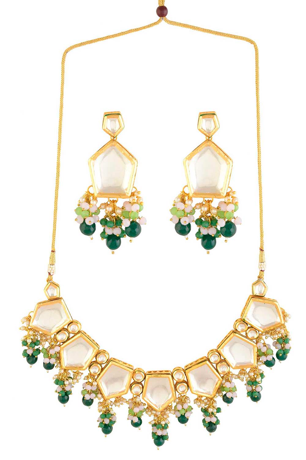 Green Gold Toned Handcrafted Kundan Necklace Set