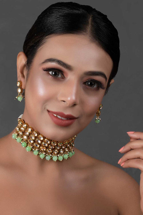 Pastel Green Gold Tone Kundan Beaded Choker Necklace With Earrings